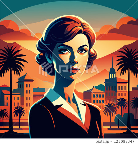 Confident woman avatar with retro hairstyle in vibrant cityscape at sunset 123085347