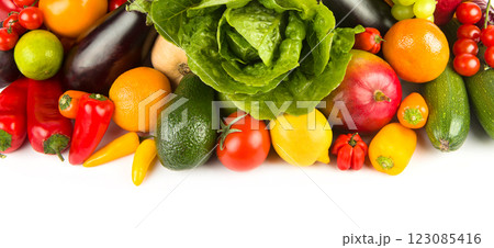 Set of vegetables and fruits isolated on a white background. There is free space for text. 123085416