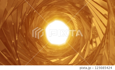 Luxury golden shiny tunnel. Flight throught a glittering spiral circle illustration. 123085424