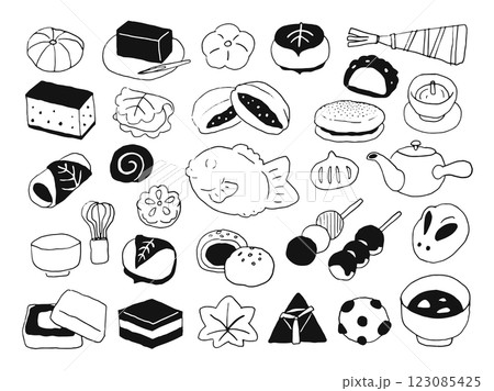 和菓子の手描きの線画イラストセット 123085425