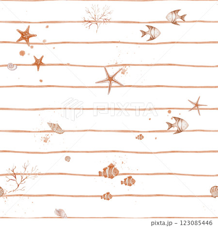 Watercolor seamless Pattern with Undersea animals and sea shell on striped background for kid. Nautical background with childish fish and starfish for baby textile or nursery wallpaper in pastel color Watercolor seamless Pattern with Undersea animals and sea shell on striped background for kid. Nautical background with childish fish and starfish for baby textile or nursery wallpaper in pastel color 123085446