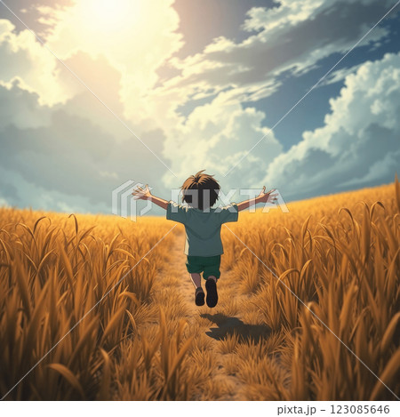 Boy walking at field 123085646