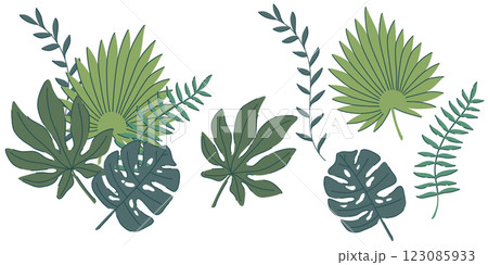 Vector illustration of tropical jungle leaves, featuring monstera, palm, and fern foliage. A botanical themed set with elegant green tones, perfect for invitations, decor, digital art, and patterns Vector illustration of tropical jungle leaves, featuring monstera, palm, and fern foliage. A botanical themed set with elegant green tones, perfect for invitations, decor, digital art, and patterns 123085933