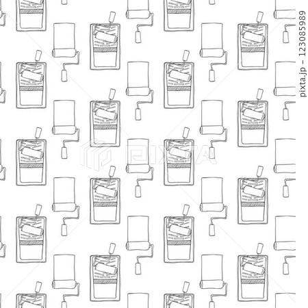 Seamless pattern paint roller, stroke, tray. Vector graphic line Home repair tools, instruments hand drawn doodle set, illustration, elements, stickers, icons. Isolated on white background. 123085989