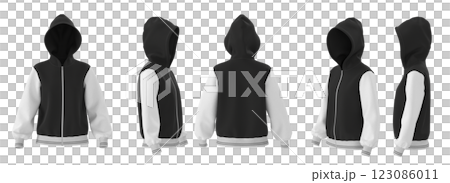 3D Render, Women's Black and White Bomber Jacket with Hoodie Mockup, Front, Back, Side Views 123086011