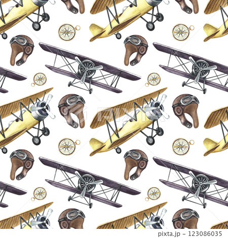 Seamless pattern of retro airplanes, pilot helmets and navigation compass. Handmade watercolor illustration. A color image of the first vintage-style aircraft. For textiles, wallpaper, wrapping paper. 123086035