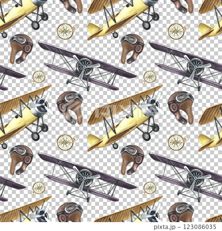 Seamless pattern of retro airplanes, pilot helmets and navigation compass. Handmade watercolor illustration. A color image of the first vintage-style aircraft. For textiles, wallpaper, wrapping paper. 123086035