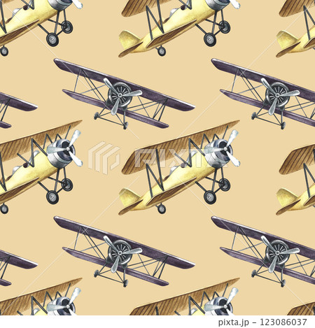 Seamless pattern of retro airplanes. Handmade watercolor illustration. A color image of the first vintage-style aircraft. On an ochre background. For textiles, wallpaper, wrapping paper and more. Seamless pattern of retro airplanes. Handmade watercolor illustration. A color image of the first vintage-style aircraft. On an ochre background. For textiles, wallpaper, wrapping paper and more. 123086037