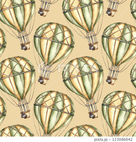 Seamless pattern of flying balloons with basket, vintage style. Handmade watercolor illustration. A color image of a trip around the world. The background is ochre. For textiles, wallpaper, packaging. 123086042