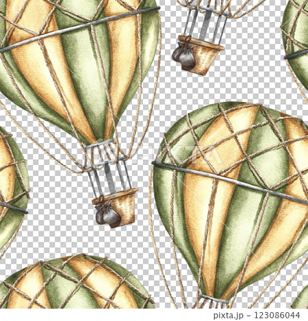 Seamless pattern of flying balloons with basket, vintage style. Handmade watercolor illustration. A color image of a trip around the world. For textiles, wallpaper, wrapping paper and more. 123086044