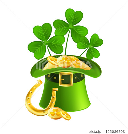 Leprechaun Top Hat with Shamrocks and Gold Coins. 123086208