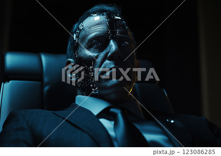 Corporate CEO integrated with AI implant controlling decisions in a futuristic office environment during late evening hours 123086285