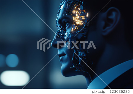 Corporate CEO with advanced AI implant demonstrates the future of leadership in a high-tech environment at dusk 123086286