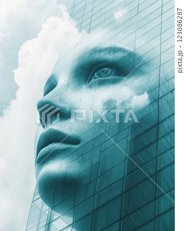 Corporate skyscraper with AI integration in urban landscape reflecting futuristic advancements in technology and human-like intelligence 123086287
