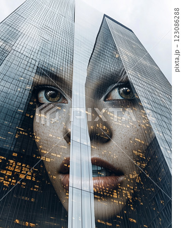 Corporate skyscraper integrating AI technology in urban landscape showcasing digital human features and modern architecture 123086288