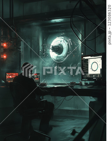 Dark laboratory with advanced AI technology actively engaging in experimental tasks during a late hour 123086320