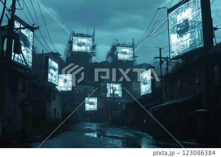 Dystopian village dominated by oppressive AI surveillance and flickering screens during a rain-soaked evening 123086384