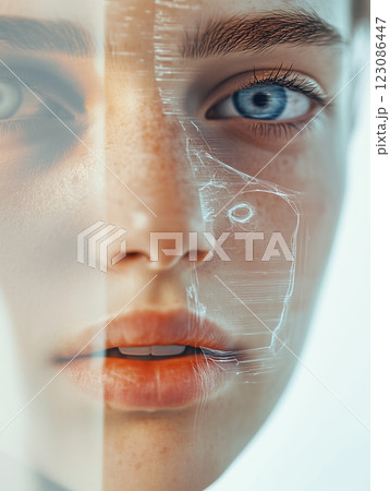 Human face with digital overlay creating an intriguing blend of reality and technology in modern art 123086447