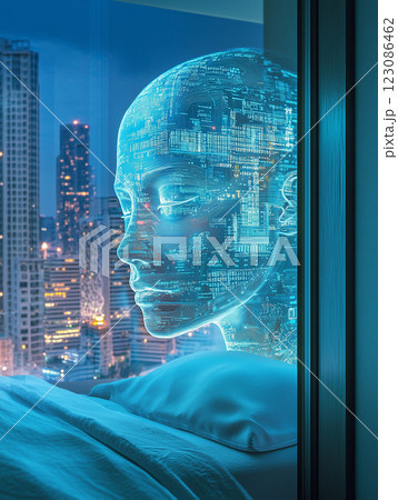 Luxury hotel experience enhanced by AI technology with futuristic holographic assistant in vibrant cityscape at night 123086462