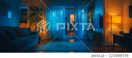 Smart home system malfunctions and traps owner in dark living room at night with eerie blue lighting Smart home system malfunctions and traps owner in dark living room at night with eerie blue lighting 123086536