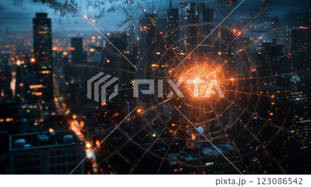Massive data breach visualized with digital network web over a city skyline at night 123086542