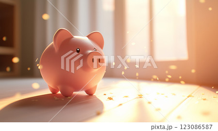 Pastel pink piggy bank sitting on a sunlit floor with soft sparkles creating a warm and inviting atmosphere 123086587