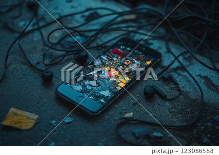 Phone lying on the ground surrounded by debris and tangled earphones in an urban environment during twilight 123086588