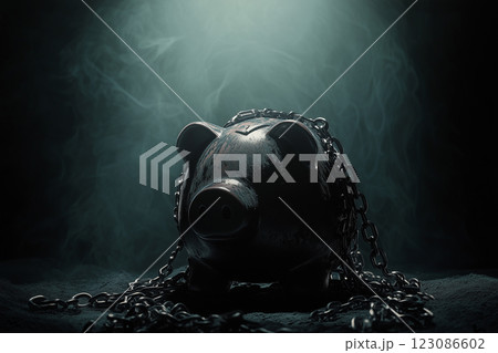 Piggy bank secured with chains and locks in a dimly lit, atmospheric setting evokes themes of financial restraint and security 123086602