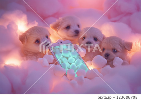 Soft puppies surround a smartphone displaying a colorful screen in a cozy and fluffy setting 123086708