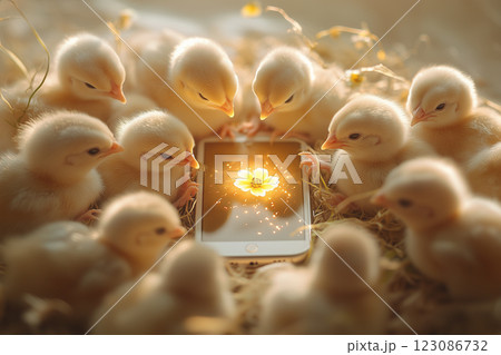 Chickens gather around a smartphone displaying a glowing flower in a rustic setting during daylight hours 123086732