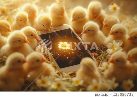 Cute chicks gather around a smartphone displaying a glowing flower in a cozy setting filled with daisies 123086733