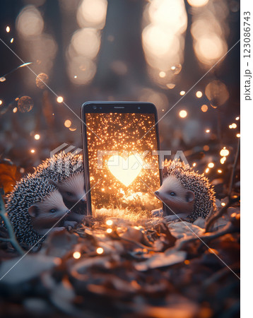 Smartphone surrounded by tiny baby hedgehogs with glowing heart image in a forest setting during twilight 123086743