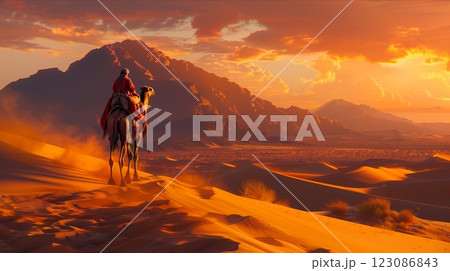 A traveler rides a camel through golden dunes at sunset in a desert landscape. 123086843