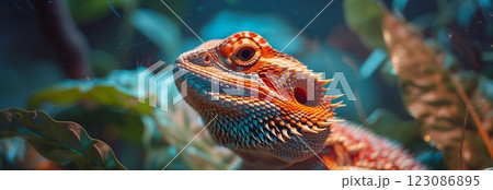 A vibrant close-up of a bearded dragon among lush green foliage. 123086895