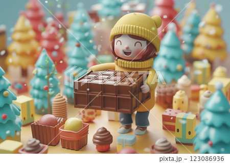 A cheerful child holds a box of chocolates surrounded by festive decorations. 123086936