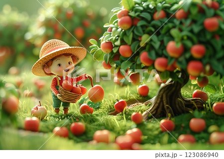 A cheerful child picking apples from a tree on a sunny day in a colorful orchard. 123086940