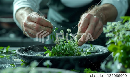 A chef garnishes a dish with fresh herbs and delicate flowers for an exquisite presentation. 123086960