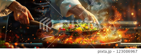 A chef skillfully prepares a vibrant stir-fry, igniting flavors and colors in the kitchen. A chef skillfully prepares a vibrant stir-fry, igniting flavors and colors in the kitchen. 123086967