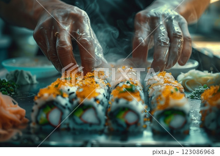 A chef skillfully prepares sushi rolls with fresh ingredients and vibrant colors. 123086968