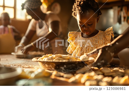 A child helps in making traditional dishes in a warm, inviting kitchen atmosphere. 123086981