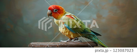A colorful parrot perched gracefully, showcasing its vibrant plumage against a muted background. A colorful parrot perched gracefully, showcasing its vibrant plumage against a muted background. 123087023