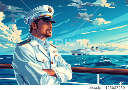 A confident captain gazes at the vast ocean, embodying leadership on a grand voyage. 123087030