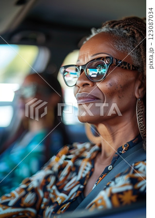 A confident woman driving with a friend, showcasing style and friendship on the road. 123087034