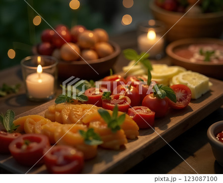 Colorful Feast for Dia de Muertos Celebration with Fresh Fruits and Decorated Plates 123087100