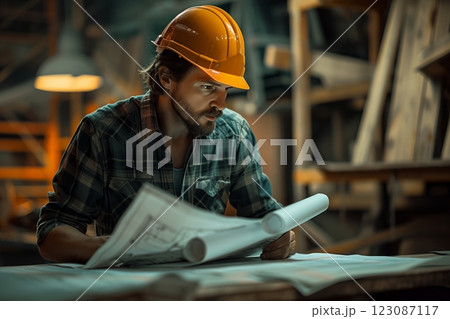 A construction worker examines blueprints in a workshop, showcasing focus and dedication. A construction worker examines blueprints in a workshop, showcasing focus and dedication. 123087117