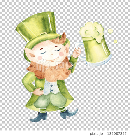 Cute Leprechaun in a traditional green Hat and Costume with Ale Mug, Glass. Hand drawn Watercolor illustration of Lucky dwarf bearded Elf in cartoon style with Pint of Irish green Beer isolated on a 123087235