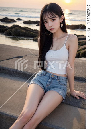 海岸線で座る美女 123087247
