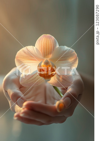 A delicate orchid held gently in hands, symbolizing beauty and nature. 123087290