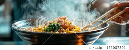 A delicious bowl of steaming noodles garnished with fresh herbs and spices. A delicious bowl of steaming noodles garnished with fresh herbs and spices. 123087291