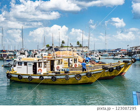 Colorful fishing boats moored side by side in the Port of Salvador, with Forte de Sao Marcelo in the background Colorful fishing boats moored side by side in the Port of Salvador, with Forte de Sao Marcelo in the background 123087295
